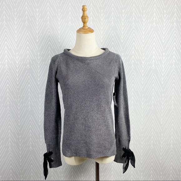 NIC+ZOE Sweaters - NIC+ZOE Silver Pullover Sweater, Black Ribbon Ties